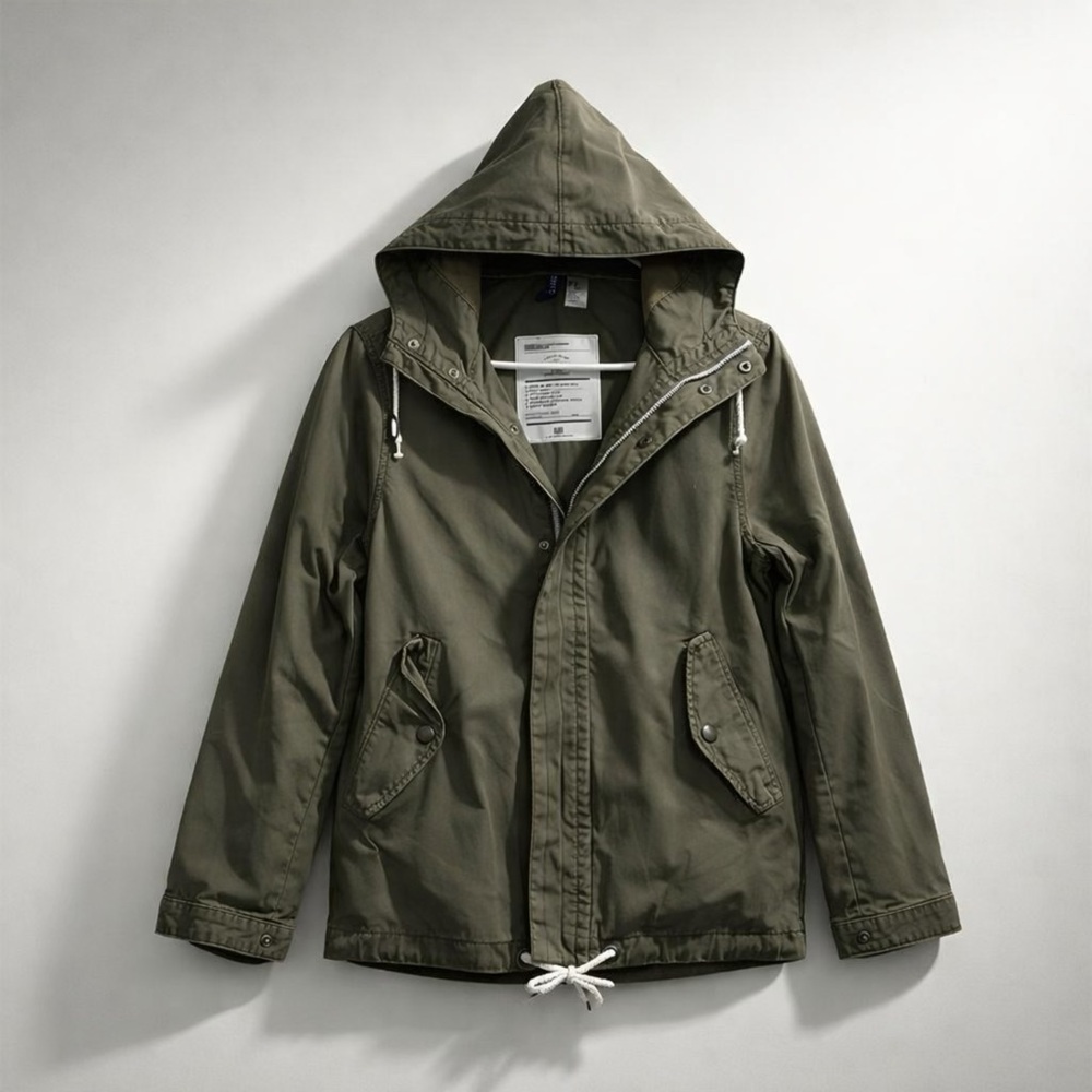 DIVIDED Men’s Green Hooded Jacket Cotton Belted Waist Jean Jacket Zippered Front